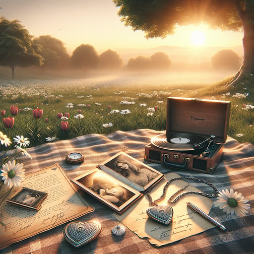A serene good morning image capturing a romantic picnic with a heart-shaped locket and love letter, as soft sunlight bathes the field.