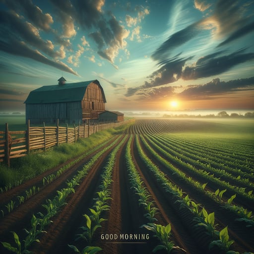 Serene farmland landscape at dawn with a rustic barn, verdant fields, and a gentle sky, featuring 'Good Morning' inscription.