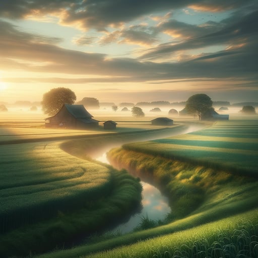 A serene good morning image of a tranquil farmland, with morning dew on grass and a rustic barn under a clear sky.