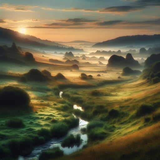 A serene good morning image of a misty countryside at dawn with rolling green hills and a babbling brook.