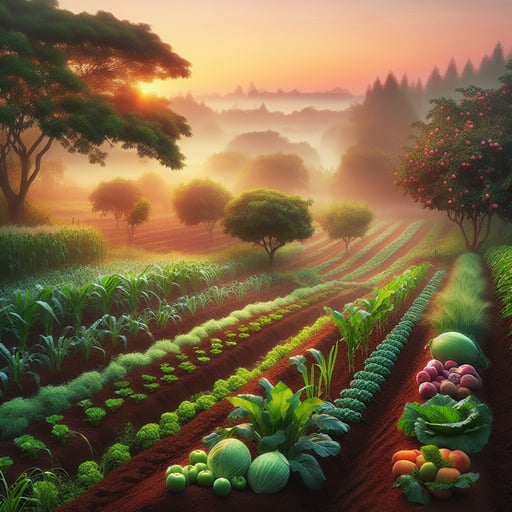 A tranquil good morning image of a bountiful farmland bathed in the gentle light of a pastel sunrise.