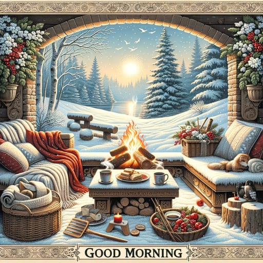 Good morning image of a tranquil fireside in winter, exemplifying warmth and serenity without any figures.