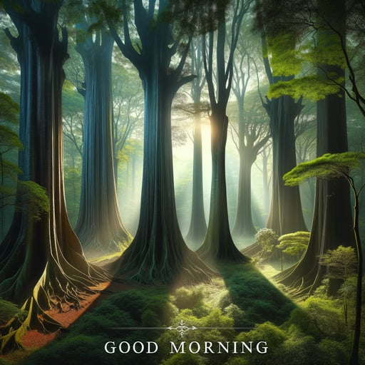 A scenic good morning image of an ancient forest bathed in sunrise light, highlighting the lush vegetation and the textures of tree bark.