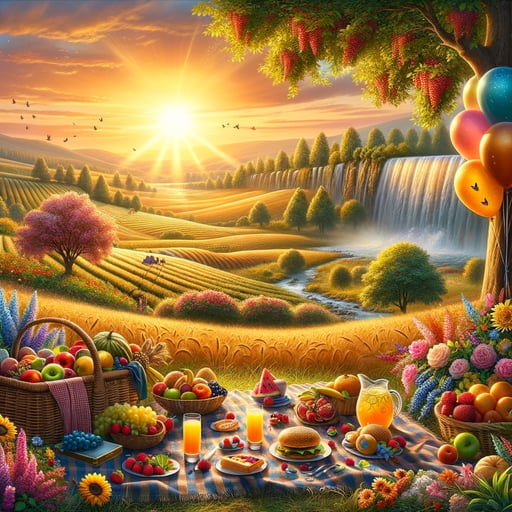 A joyous summer morning with a bright sun, golden fields, festively laid picnic blanket, and balloons.