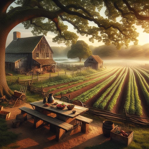 A serene good morning image of an old-fashioned farm with fields, barns, a farmhouse, and a communal table set for a feast under an oak tree.