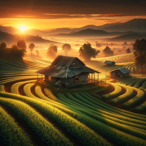 A serene farm at dawn, with the first light painting a peaceful, vibrant landscape, emphasizing a good morning image