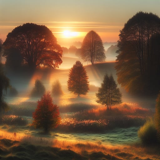 A serene early autumn morning landscape with a beautiful sunrise over a field, trees changing color, and a gentle mist - good morning image.