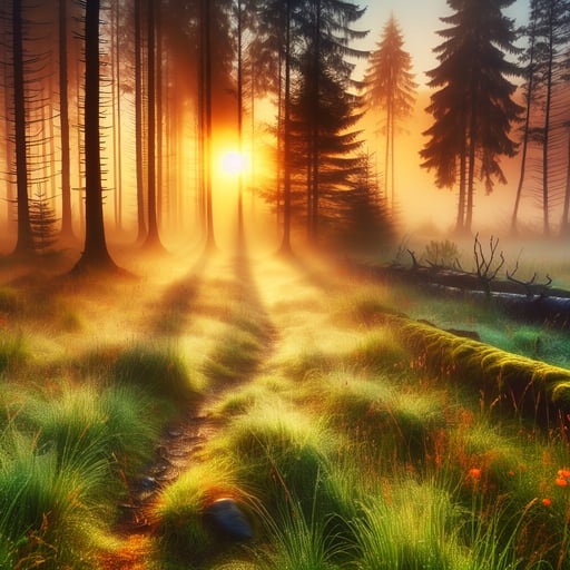 A captivating good morning image showcasing an enchanting sunrise with fog-covered grass and vibrant trees along a mystical forest path.