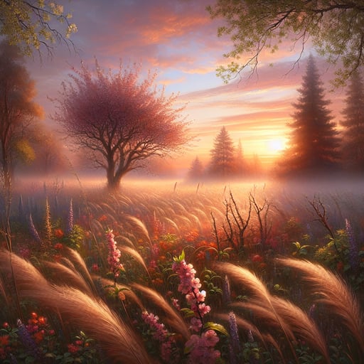 A tranquil morning scene with blossoming flora, warm dawn glow, and a gentle breeze; a perfect good morning image.