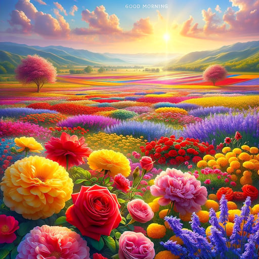 Serene morning landscape with colorful flowers from red roses to yellow marigolds and lilac lavenders, inscribed with 'Good morning'.