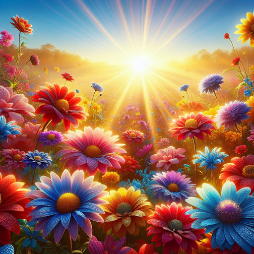 A vivid array of red, blue, yellow, purple, and pink flowers under a morning sun, speckled with dew, in a good morning image.