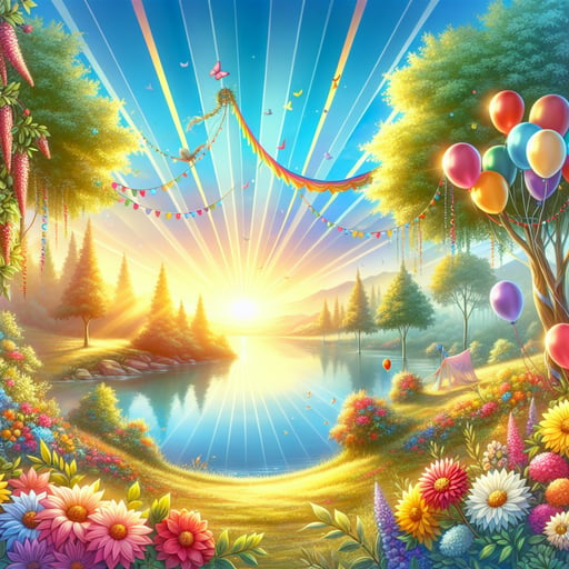 A vibrant and cheerful good morning image of a picturesque sunrise, balloons, and streamers between trees surrounding a sparkling lake.