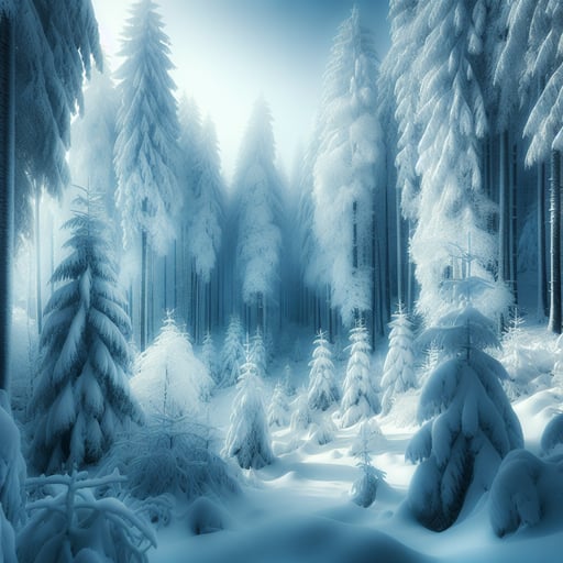 Serene winter forest scene at dawn, with snow-covered trees and a tranquil atmosphere, perfect as a good morning image