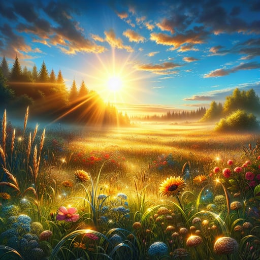 A serene summer morning with dew on the grass and the first light of dawn illuminating a vibrant landscape devoid of any living beings, serving as a perfect good morning image.