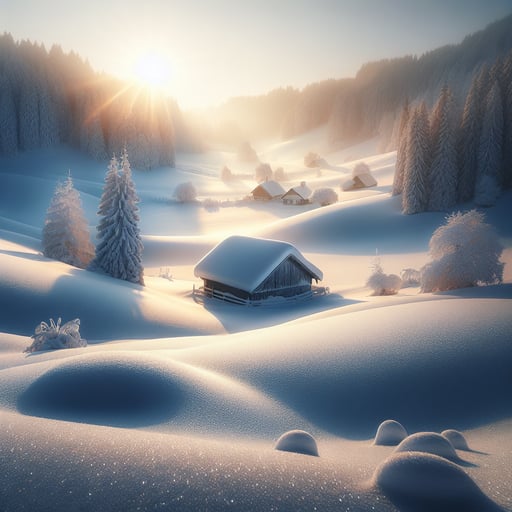 A serene winter morning scene, showcasing untouched snow, distant cottages, and soft sunrise hues in a good morning image