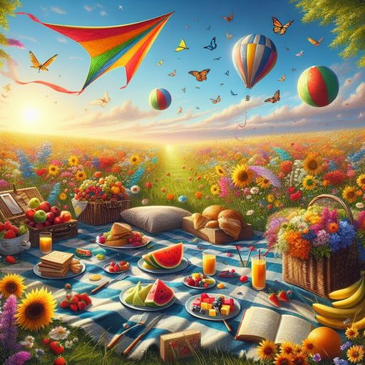 Image of a joyous summer morning, picnic scene with fruits, wildflowers, beach balls, a kite, and an open book - a heartwarming good morning image