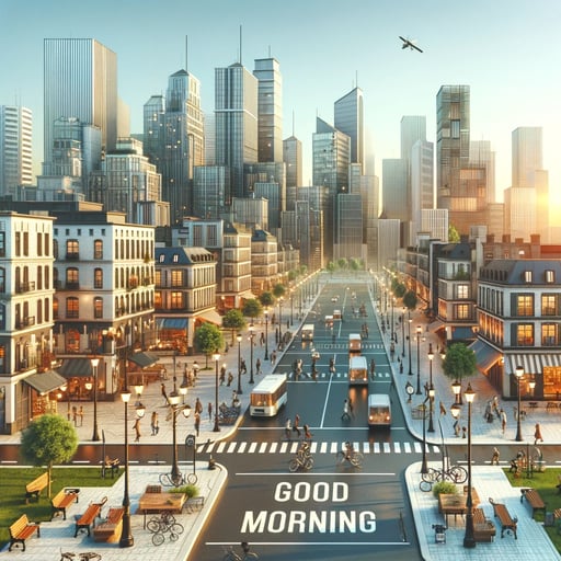 A good morning image capturing a lively city at dawn, with modern buildings and the hustle of early risers.