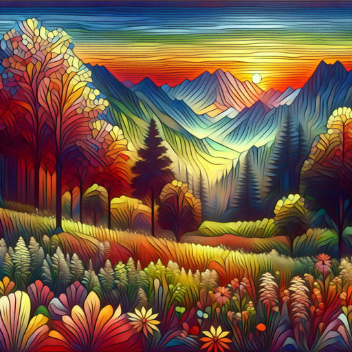 A vibrant and colorful morning landscape, filled with the brilliance of sunlit mountains, trees, and flowers, without a creature in sight, encapsulates the essence of a good morning image.