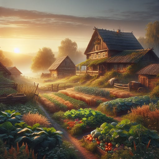 A serene traditional farm at sunrise, showcasing old wooden farmhouses amid ripe crops under a golden sky, symbolizing a hopeful new day in a good morning image.