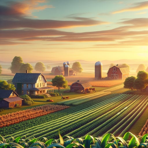 A tranquil, sunlit farm with vibrant crops, symbolizing care and labor, invites a peaceful good morning.