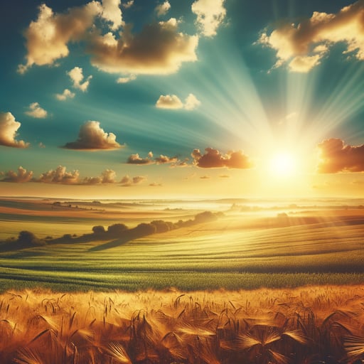 A peaceful summer morning with the highest sun casting golden light over green and yellow fields, good morning image.