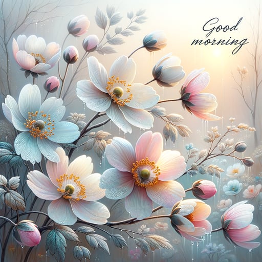 A tranquil early morning scene with vibrant flowers delicately covered in dew, softly greeting 'Good Morning'.