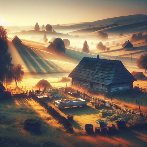 A serene good morning image capturing a traditional farm at sunrise, laden with fresh produce on a communal table.
