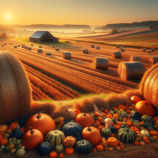 A serene good morning image of a harvested field with golden straw bales, pumpkins, and a sunrise backdrop.