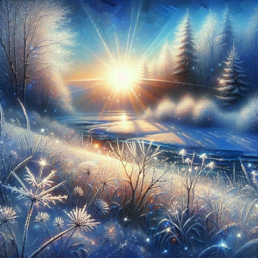 Good morning image depicting a serene winter scene with sparkling frost and delicate rays of sun casting a magical glow.
