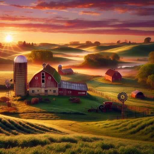 A serene farm landscape at sunrise, featuring a red barn, a silo, and a windmill amidst rolling green pastures, dotted with morning dew and sun rays piercing through light fog, in a photographic realism style.