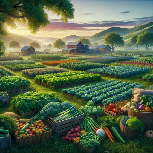 Lush, vibrant farm early morning scene, filled with bountiful produce under a softly colored sunrise, perfect good morning image.