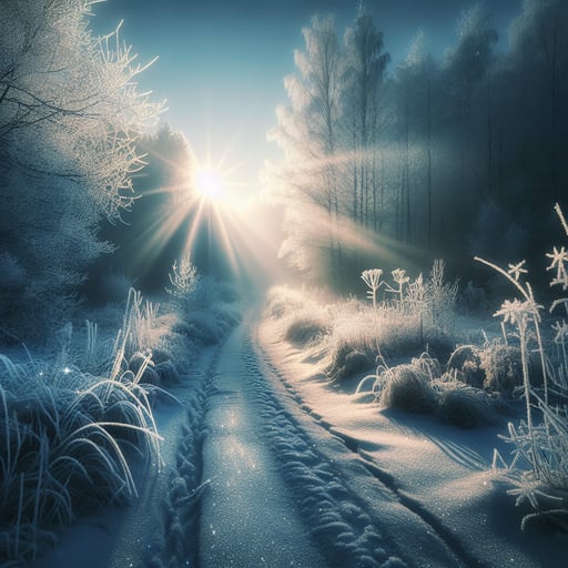 A good morning image showing a serene and frosty winter landscape sparkling under the morning sun.