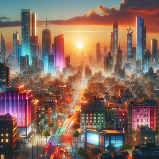 A vibrant cityscape illuminated by the rising sun, featuring colorful buildings and reflective skyscrapers under a pink and orange sky in a good morning image.