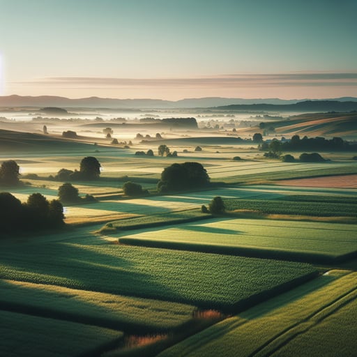 Serene pastoral countryside in early morning light, vast fields and hints of crops swaying, perfect as a good morning image.