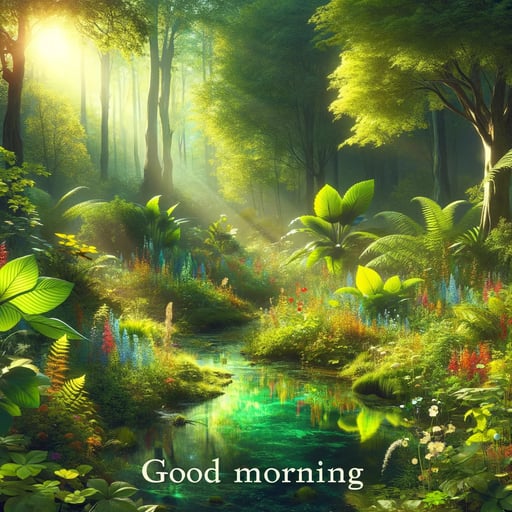 Serene good morning image of a lush forest, vibrant wildflowers, and a gentle stream reflecting a bright sky.