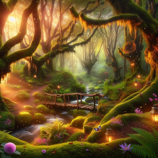 Enchanted forest with the rising sun, highlighting ancient trees, vibrant flowers and magical bridges, perfect for a good morning image.