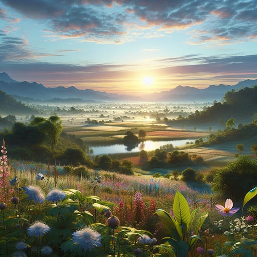 A good morning image of a serene early morning scene featuring abundant vegetation, dew-set flowers, reflecting water bodies, fields, forests, and mountains.