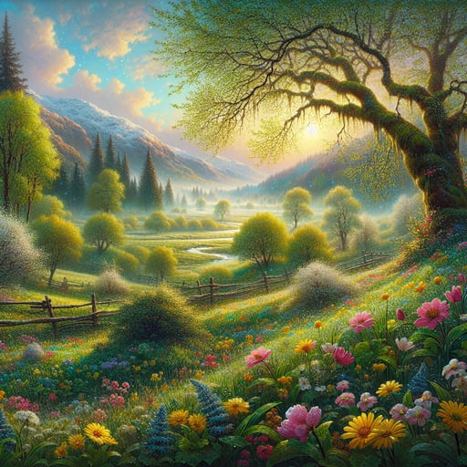 A peaceful, vibrant spring morning landscape, full of blooming flowers and lush greenery, epitomizing the freshness and positivity of a new day.