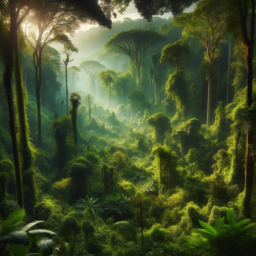A serene good morning image capturing the tranquil beauty of a lush, vibrant forest bathed in the soft light of dawn.