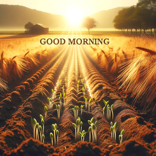 Peaceful good morning image of a sun-kissed farm with golden sunlight on rich soil and sprouting seeds.