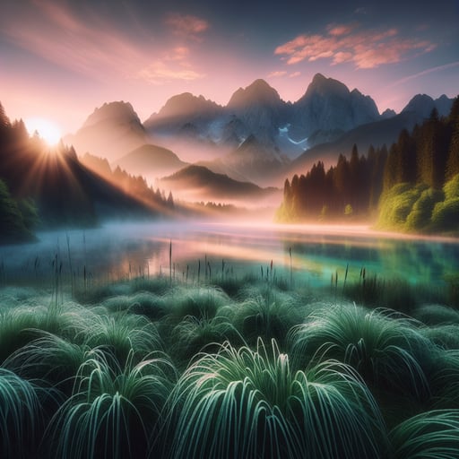 Serene morning landscape with dewy grass, a misty earth, and mountains against a pastel sky, reflecting tranquility in a good morning image.
