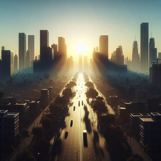 A serene good morning image showcasing a tranquil urban landscape at dawn, with tall buildings silhouetted against the emerging sunlight and empty roads.