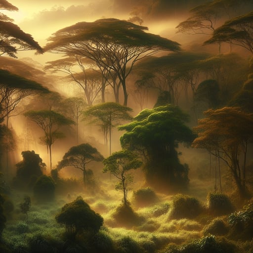 A peaceful morning scene showcasing an ecosystem brimming with life; tall trees and thick bushes under a golden sunrise, without any living beings.