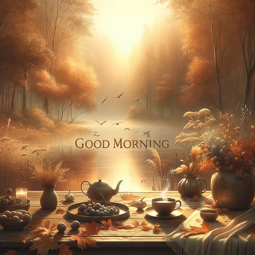 A serene, peaceful good morning image capturing the essence of a tranquil, mellow autumn morning.