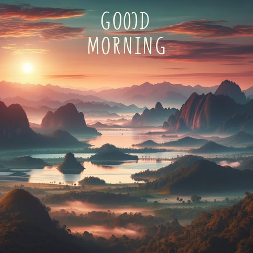 Good morning image of a breathtaking sunrise over misty mountains, dewy hills, lush forests, and a tranquil lake.