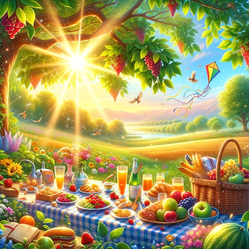 Vivid landscape of a joyous summer morning with laughter echoing, ripe fruits, and a high-flying kite, encapsulating a serene good morning image.