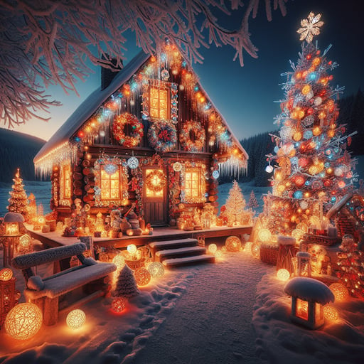 A serene good morning image depicting a sustainable, joyous winter celebration around a frost-adorned tree and a cottage, without any living beings.