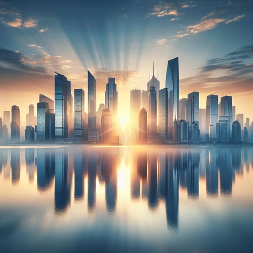 Tranquil skyline at sunrise, where sunlight kisses skyscrapers amidst a brightening sky, embodying a good morning image.