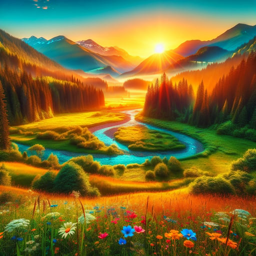 Hyperrealistic image of an untouched nature scene during morning, showcasing a lush forest, pristine river, and mountains under a golden sunrise.