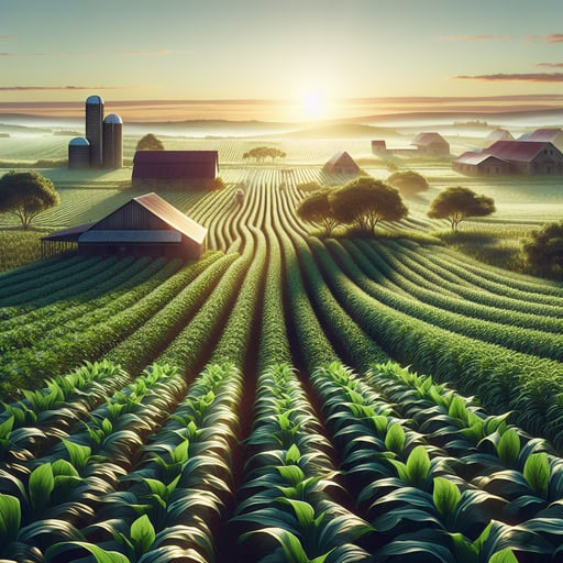 A peaceful and bountiful farm landscape shining in the early sunlight, symbolizing a serene good morning image.